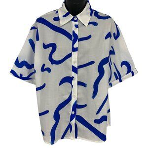 Commense White Blue Top Blouse Size Small S  Short Sleeve Button Down Collar New